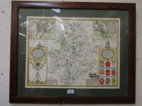 A framed and glazed reproduction coloured map of Worcestershire after John Speed