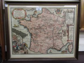 A reproduction framed and glazed coloured map of France