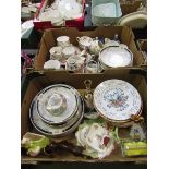 Two trays of decorative ceramic ware to include cups, saucers, plates, figurines, etc