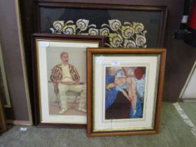 A framed and glazed silk embroidery together with a Vanity Fair print of Yorkshire cricketer and a