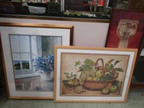 Three framed artworks of still life and abstracts