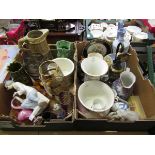 Two trays of ceramic and glassware to include figurines, vases, elephants, jugs, etc