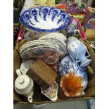 Two trays of ceramic, metalware, and glassware, to include tureens, plates, bowls, etc