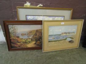 Three framed artworks, two being watercolours of countryside and harbour scene, together with one