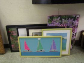 A collection of framed and unframed artworks on various subjects to include sailing boats, still