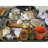 Two trays containing ceramic baskets, tortoises, storage jars, etc