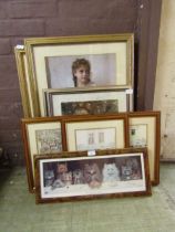 A selection of framed and glazed prints to include cats, shopping scenes, ladies, etc