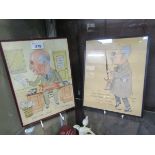 Two mounted 1940s coloured pen and ink and pastel version prints of office workers, one catalogued