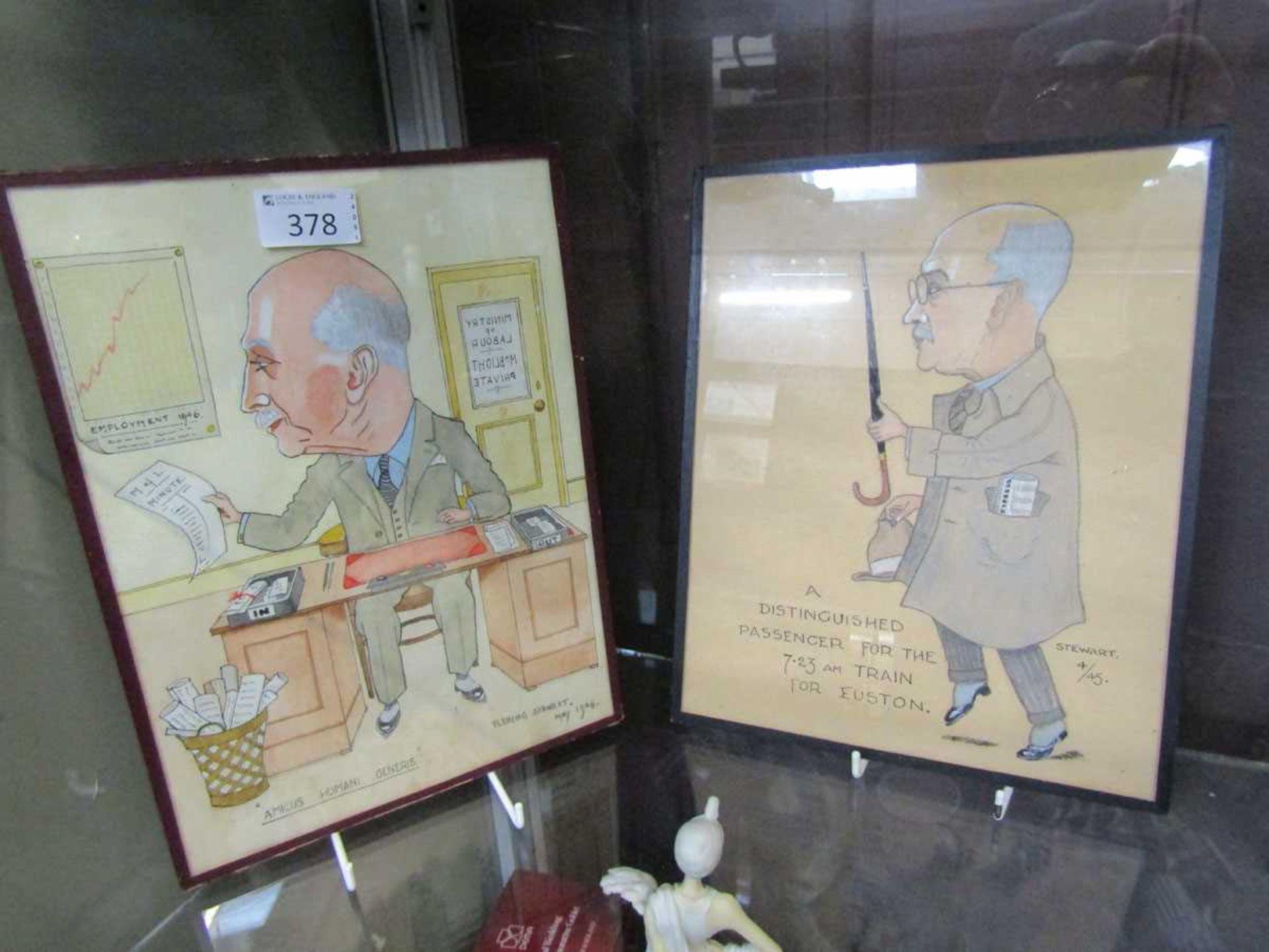 Two mounted 1940s coloured pen and ink and pastel version prints of office workers, one catalogued