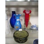 A selection of mid-20th century style glass and ceramic tableware to include blue glass vase,