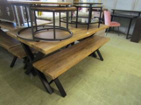 A modern rectangular oak effect picnic bench along with a pair of matching bench seats