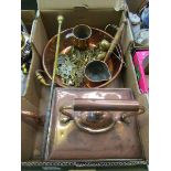 A tray of brass and copper ware to include large square kettle,etc