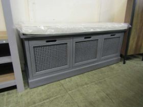 A modern hall seat having grey base with three drawers Dimensions: H, 53cm , W, 120cm , D, 40cm.