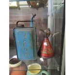 A Redex early 20th century oil can together with a blue metal Valor petrol can