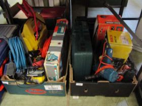 Two trays of electric hand tools, cabling, etc