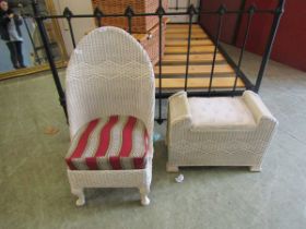 A white painted Lloyd Loom style chair together with a similar stool with lift-up seat