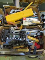 Two trays of hand tools to include hammers, saws, etc