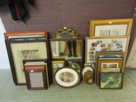 A large quantity of framed and glazed artworks on various subjects being prints, mirrors, etc