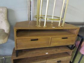 A modern oak effect TV stand with two drawers to base