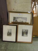 A collection of seven framed and glazed coloured etchings of buildings