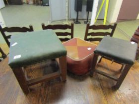 A pair of stained pine upholstered stools together with a mid-20th century rexine upholstered