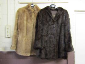 Two brown fur jackets, one labelled Faulkes Furriers