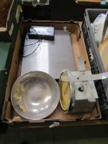 A tray containing a set of industrial weighing scales and a set of Salter kitchen scales