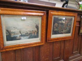 A pair of maple veneered and framed coloured engravings of shooting scenes titled 'Wild Duck