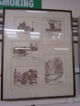 A framed and glazed collection of industrial prints being canal scenes, windmill scenes, etc