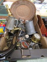 A tray of metalware and other items to include brass cased clock, pewter tankards, copper tray, etc