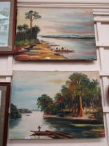 Two oils on canvas of African scenes, signed Gaspard De Mouko