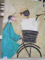 An unframed print on canvas of man on bicycle by Sam Toft