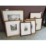 A collection of seven framed and glazed coloured etchings of buildings