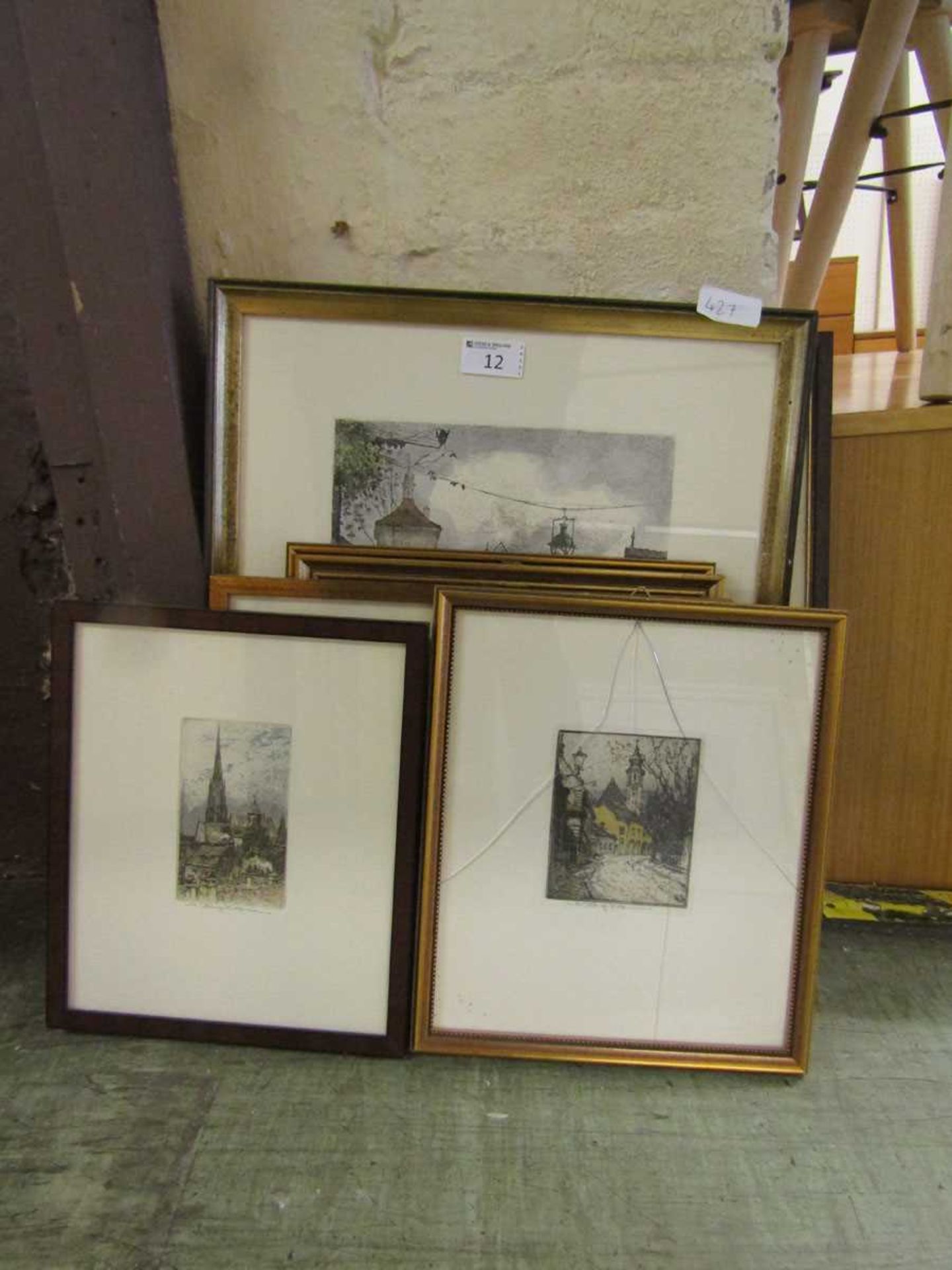A collection of seven framed and glazed coloured etchings of buildings - Image 2 of 2