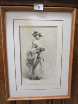 A framed early 20th century pencil drawing of young lady going for a walk, signed to bottom right