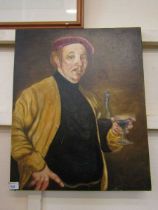An unframed oil on canvas of elderly gentleman drinking wine signed bottom right