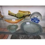 Five pieces of mid-20th century style glassware to include ashtrays, paperweight and bowls
