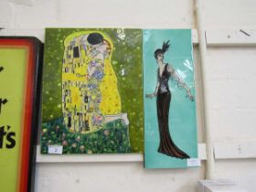 A porcelain plaque after Gustav Klimt and a further plaque decorated with an Art Deco flapper girl