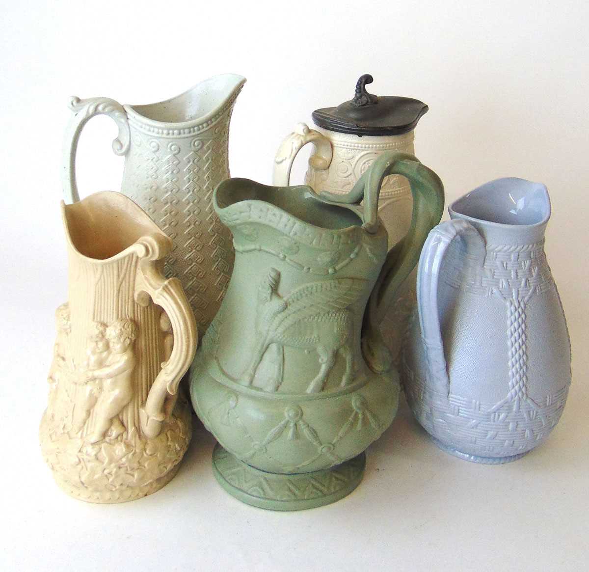 A group of 19th century salt glazed jugs, comprising Ridgway & Abington 'Nineveh' & 'Westminster'