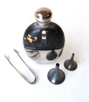 A silver plate, leather and glass hip flask together with two white metal funnels and a pair of