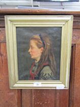 A 19th century profile portrait oil on canvas of a young girl, 25.5cm x 20.5cm