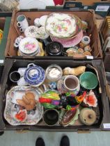 Two trays of decorative ceramic ware to include plates, bowls, Poole Pottery vase, etc