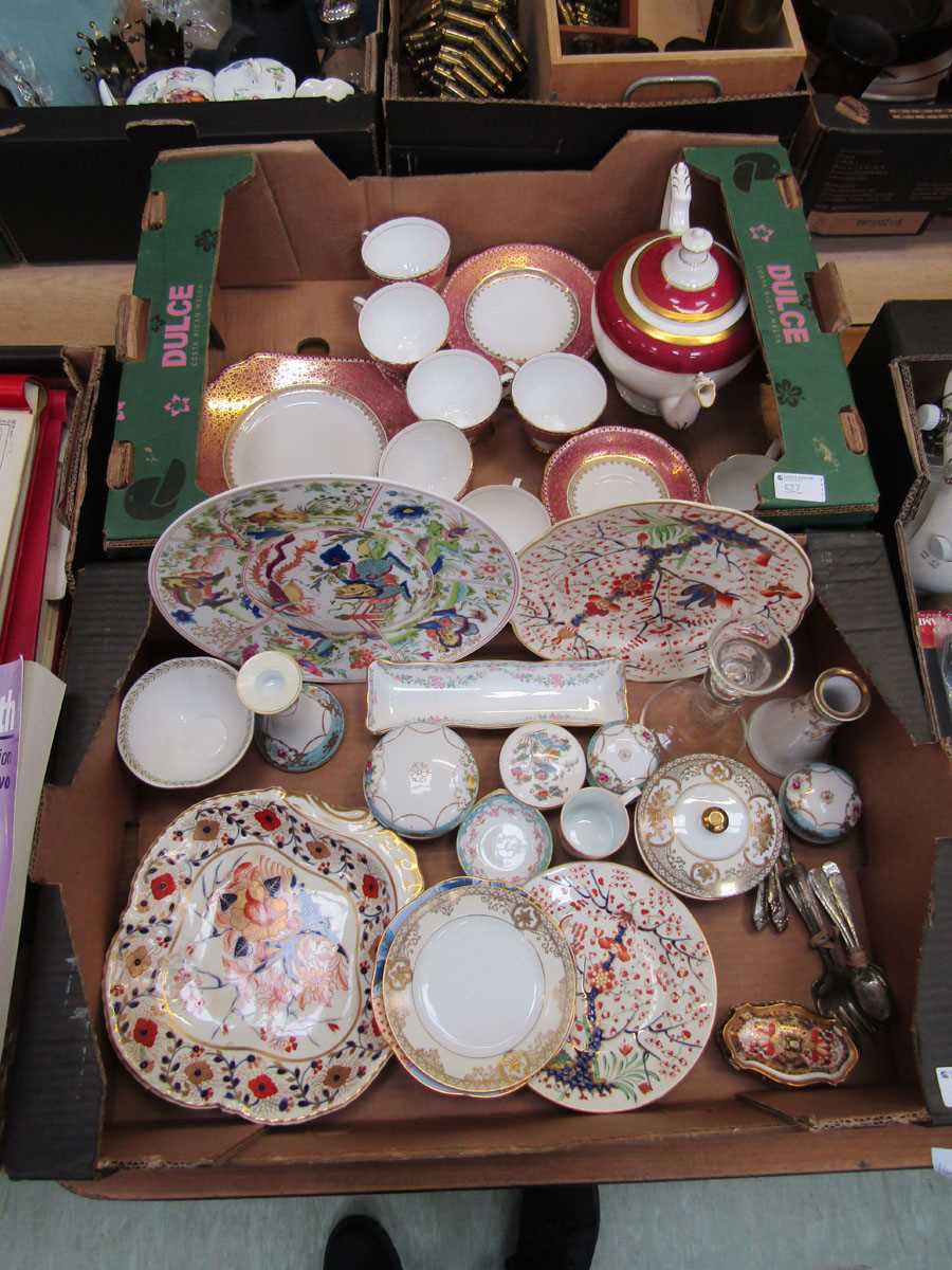 Two trays of decorative ceramic ware to include teapots, cups, saucers, bowls, etc