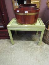An upcycled green painted occasional table together with a banded plant stand