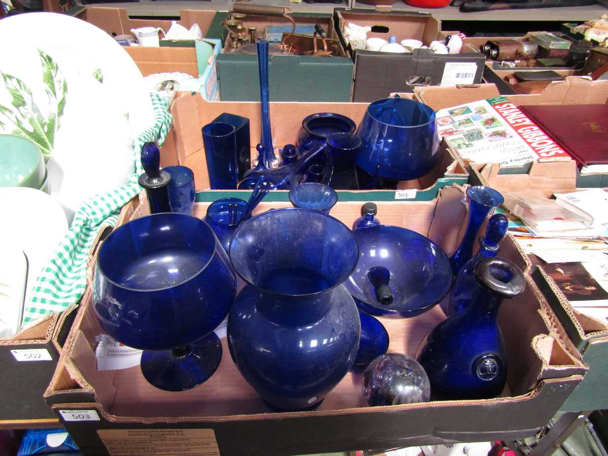 Two trays of blue glass items to include bowls, vases, etc