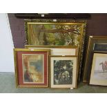 A large modern gilt framed oil of wooded scene together with three assorted prints, including a
