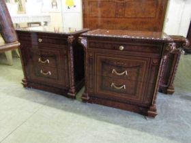 A pair of continental burr walnut effect bedside chests having single drawer above two further