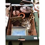 A tray of assorted metalware to include copper kettle, teapot, brass candlesticks, flatware, etc