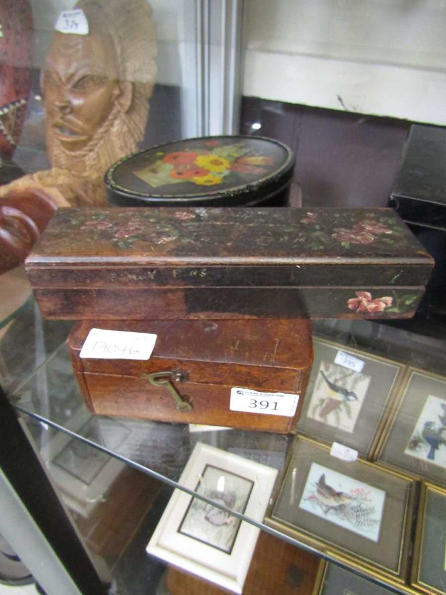 A mahogany work box along with floral decorated Rowntree tin and ebonised floral decorated box