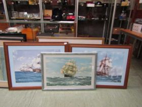 Four framed and glazed prints of sailing boats, including two Montague Dawson prints